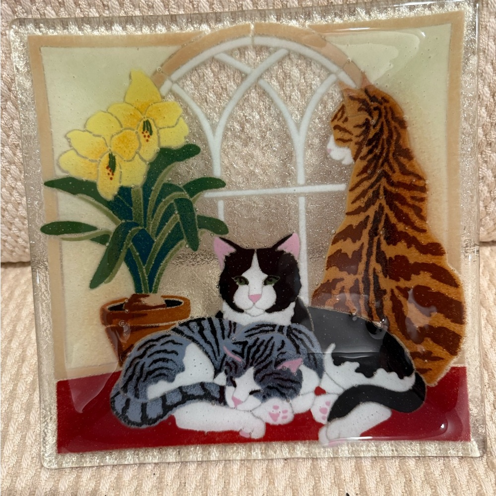 Decorative Cat Glass Art with Floral Design